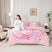 Cute Axolotl Comforter Set Full Cartoon Pink Axolotl Pattern Kids Bedding, Kawaii Salamander Galaxy Stars Bed Set for Girls Boys Adults Beach Coastal Animal Themed Bed in A Bag 7 Pieces