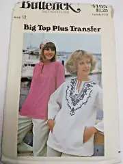 Tunic Big Top Blouse Transfer 12 Butterick 4165 Sewing Pattern VTG 70s Pullover