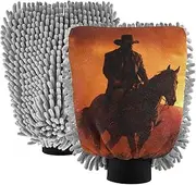XYMZR Cowboy Hat Horse Sunset Absorbent Microfiber Car Wash Mitt, Funny Cute Anime Scratch Free for Cars Cleaning, Home Cleaning Mitts, 2 Pack, 10.24” L x 7.09” W