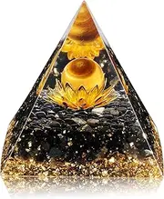 GEHECRST Tiger Eye Healing Crystal Sphere Orgone Pyramid with Reiki Obsidian Chip Stones and Copper Lotus Symbol Orgonite Pyramid for Protection, Energy Generator, Meditation, Decoration