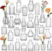 Clear Glass Bud Vases Set of 30 for Flowers Vintage Embossed Small Vases for Centerpieces, for Rustic Wedding, Home, Table Decor