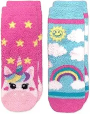 [Jefferies Socks] Girl's Unicorn and Colorful Rainbow Fuzzy Slipper Socks 2 Pack
