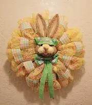 Easter Bunny Wreath - Green - Metallic Mesh and Satin Ribbon - Hand Crafted