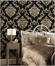 JLHOUSE 1301-3 Vinyl Black and Gold Damask Victorian Wallpaper Peel and Stick Contact Paper Removable Textured for Bedroom Livingroom Décor 45cm x 300cm