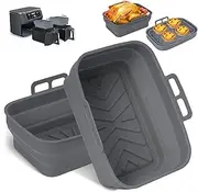 Pietuley Silicone Air Fryer Liners for Ninja Dual Pot, 2PCS Foldable Tower Basket, Accessories Reusable Insert, Rectangle Airfryer Baking Tray (Grey)