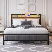 VERFARM Queen Bed Frame with LED Lights Storage Headboard and USB Charging Station,Metal Upholstered Platform Bed Frame Queen Size with Storage No Box Spring Needed,Strong Steel Slats,Noise Free,Grey