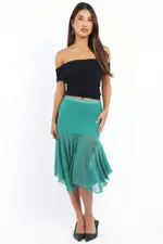 Green Midi Skirt Scarf Hem Asymmetric Mesh Lined - Size 14L, Women's Midi Skirt