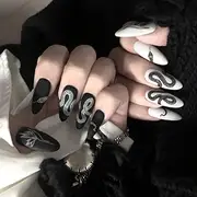 BABALAL Stiletto Press on Nails Medium Fake Nails, Black White Matte False Nails Goth Snake Full Cover Acrylic Nails 24Pcs Manicure Halloween Glue on Nails for Women and Girls