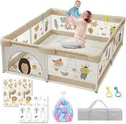 LIODUX Baby Playpen with Mat - 180 x 200cm, Baby Fence Play Area, Toddler Fence, Children's Playground, Portable, Non-Slip Suction Cups, Breathable (Khaki)