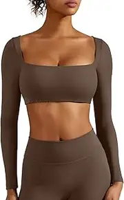 [ZAAYO] Women's Long Sleeve Crop Tops with Built-in Bra Basic Long Sleeve Sports Tops Women's Long-Sleeved Shirt Gym Yoga Crop Top with Square Neck