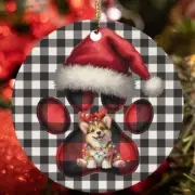 Reindeer Pembroke Welsh Corgi Dog Buffalo Plaid Christmas Ornament Gift Decor