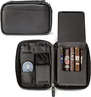 [CASE ELEGANCE] The Flint Travel Leather Cigar Case by Klaro - 5 Cigars, 2 Accessory Pockets, Humidification Pocket, Internal Hard-Shell Protection