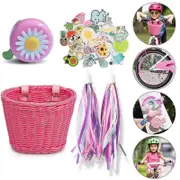 Bicycle Basket For Kids Front Bike Accessories Woven Wicker Bicycle Basket With Handlebar Streamers Pink