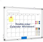QUEENLINK Double-Sided Magnetic Whiteboard with Calendar and Blank Surface, Mountable & Hangable with Aluminum Frame, 45 x 60 cm White Board for Office and Home with Markers, Magnets, Eraser