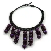 Statement Deep Purple Wood Bead Fringe Bib Style Collar Necklace - 58cm Long/