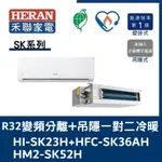 禾聯冷氣 SK系列R32變頻分離式+吊隱式 一對二冷暖 HI-SK23H+HFC-SK36AH/HM2-SK52H