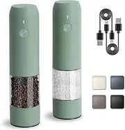 Electric Salt and Pepper Grinder Set, USB Rechargeable, Automatic Salt and Pepper Mill with Adjustable Coarseness, Electric Pepper Shakers, LED Light, Refillable, Kitchen Gadgets (2 Packs, Sage)