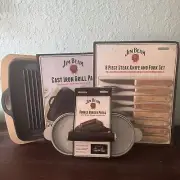 Jim Beam NEW Set Of 3 Cast Iron Pan, Utensils & Double Hamburger Press Dad Gift