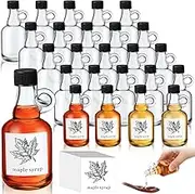 SiliFine 24 Pcs Glass Syrup Bottles with Loop Handle, Plastic Lids and Stickers, Clear Empty Glass Maple Syrup Bottles Small Reusable Jars Container for Milk Juice Sauce(1.7 oz)