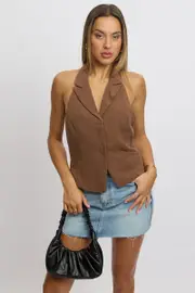 Brown Vest Top V Neck Halter Neck Open Back - Size 12M, Women's Jacket