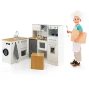 Babyjoy Kids Pretend Play Toys Children Wooden Kitchen Play Set w/Storage Stool Stove Sink Oven White