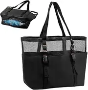 Mesh Beach Bag - Beach Bag Tote | Large Beach Tote Bag, Beach Bag For Men, Bottom Zipper Design Swimming Bag, Travel Beach Bag, Market Grocery Picnic