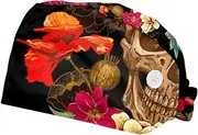 [WOSHJIUK] Working Hat 2 Pack Scrub Caps for Women,Floral Suagr Skull,Tie Back Cap Adjustable Scrub Hat