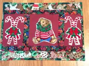 Table Topper with aplique- Teddy Bear and candy canes 12 x 116 new,new handmade