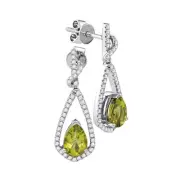 14kt White Gold Womens Pear Natural Peridot Diamond Dangle Earrings 1-7/8 C
