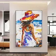 Handmade Textured portrait Oil Painting - Bold Impasto Woman in Blue Dress Floral Hat girl painting Framed Coastal Wall Art girl picture for Beach House or G