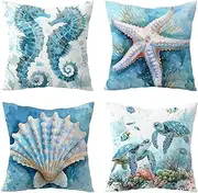 LB Coastal Sea Turtle Pillow Covers 18x18 Inch Set of 4 Nautical Beach Seahorse Starfish and Seashell Blue Throw Pillow Covers Decorative Pillow Cases for Couch Living Room Sofa Bed Cushion Cases