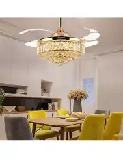 36'' Modern Crystal Ceiling Fan Light Dimmable LED Gold Chandelier with Remote