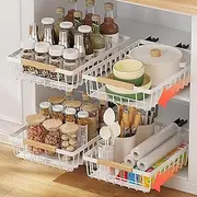 4 Pack Pull Out Cabinet Organizer, Collapsible Slide Out Cabinet Organizer for Kitchen, Roll Out Shelf Drawer Storage Fixed with Adhesive Nano Film for Cabinet (4 Pack)