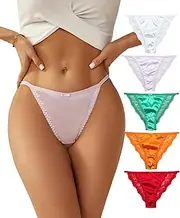 [abandi] Women's Sexy Lace Satin Bikini Panties, Low Rise Hipster Cheeky Underwear Silky Lace Tanga Briefs 5 Pack