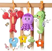 TUMAMA KIDS Baby Hanging Stroller and Car Seat Toys, Soft Marine Animal Plush Infant Rattles with Wind Chimes, Crinkle Sensory Learning Toy for Newborns 0 Month and up