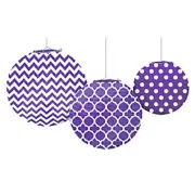 PURPLE QUATREFOIL POLKA DOT CHEVRON PAPER LANTERNS (3) ~ Birthday Party Supplies