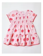 [Sprout] Flower Shirred Crinkle Tiered Dress in Blush