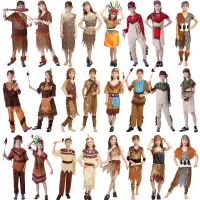 在飛比找蝦皮購物優惠-兒童野人表演服非洲土著原始人衣服舞蹈豹紋裝獵人印第安表演服裝