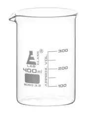 Eisco Labs 400ml Beaker, Low Form - 50ml Graduations - Borosilicate Glass