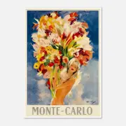 Galrie Monte Carlo Vintage Travel Poster with Bouquet of Flowers Art for Home Décor, Poster Only, A0 84 x 119cm (33 X 47inch)