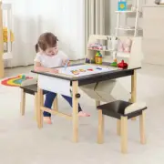 Costway Kid's Wooden Art Table and 2 Chairs Set wiht 2-Tier Open Shelf-Coffee