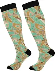 [Yoogain] Green Brown Retro Patternlong support socks for nurses for women mujer, Green Brown Retro Pattern