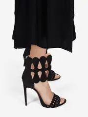Black Suede Lasercut Ankle Strap Sandals