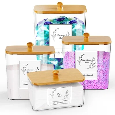 4 Pack Clear Laundry Pods Container & Dryer Sheet Holder, Plastic Square Laun...