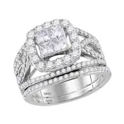 14k White Gold Princess Diamond Halo Bridal Wedding Ring Set 2 Cttw