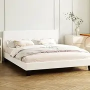 Oikiture Double Bed Frame with Plywood Slats and Boucle Fabric Bed Base Mattress Platfrom White