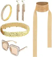 [AutoWT] Women 70s Disco Accessories, 5 Pcs Disco Ball Jewelry Costume Set Decorative Supplies with Sunglasses Bracelet Sequin Scarf Sequin Headband Earrings for Dance Party Performance