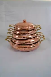 Set of 5 copper cooking pots with lid, Hammered brass handled casserole pots