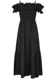 Ganni Ruffled Cotton-poplin Midi Dress - Black - 38 (UK10 / S) 38 (UK10 / S)