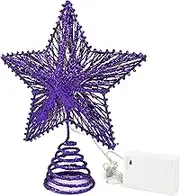 CVHOMEDECO. Purple Glittered 3D Tree Top Star with Warm White LED Lights and Timer for Christmas Tree Decoration and Holiday Seasonal Décor, 8 x 10 Inch